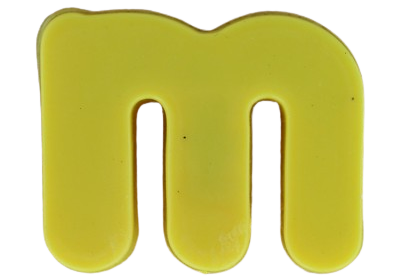 Yellow fridge magnet shaped like lowercase M